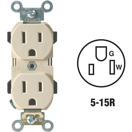 Leviton Straight Blade Receptacle, 5-15R, 15 A, 125V AC, 2 Pole, 3 Wire, Self-Grounded R71-5252-0IS
